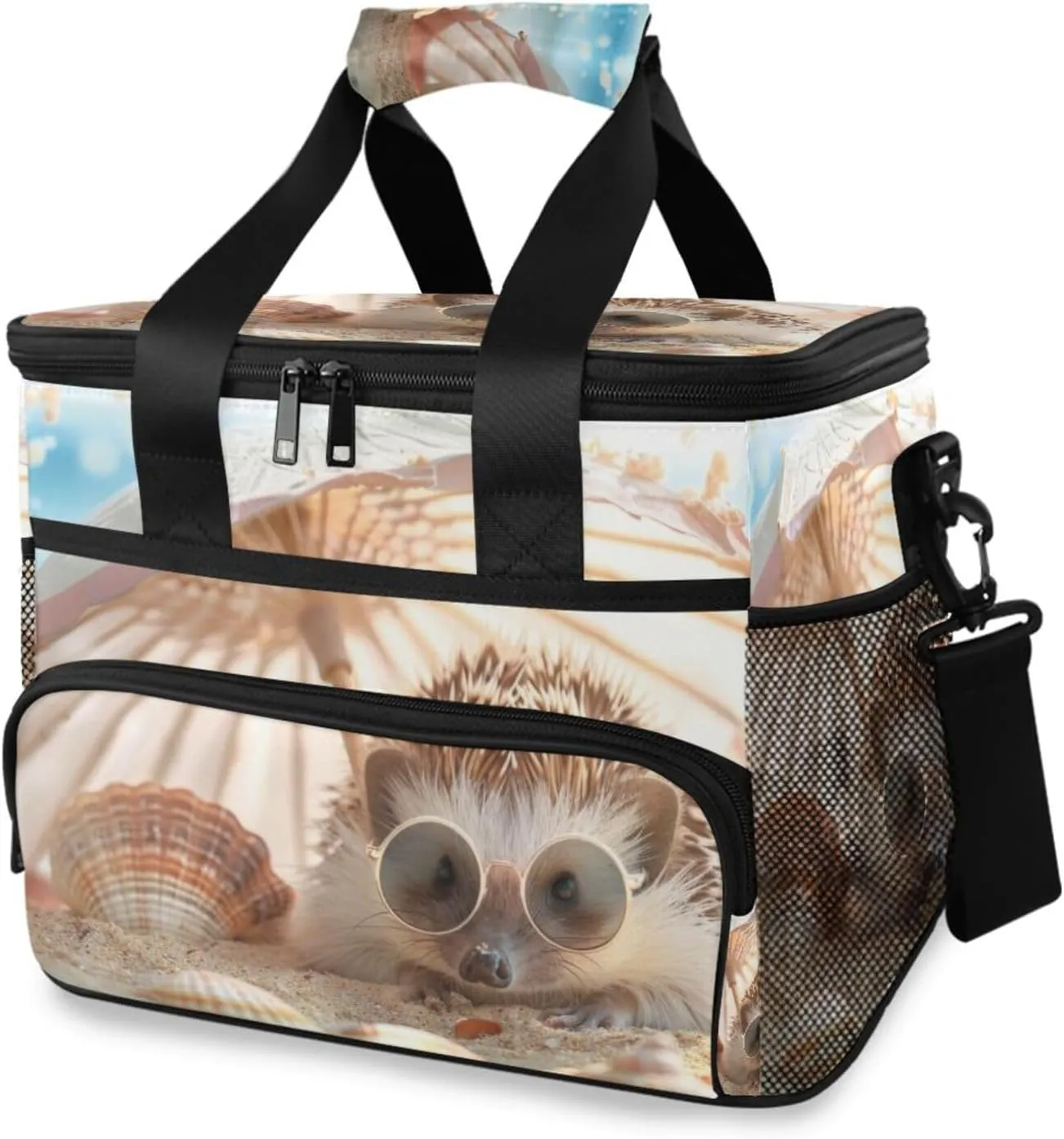 Insulated Cooler Bag 24 Cans Large Capacity Lunch Box-Hedgehog on Beach Print Leak Proof with Shoulder Strap for Camping Picnic