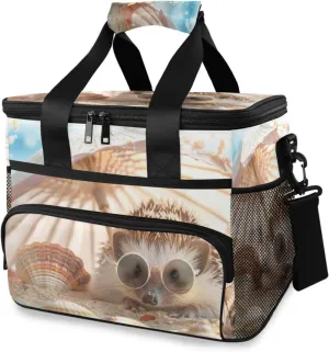 Insulated Cooler Bag 24 Cans Large Capacity Lunch Box-Hedgehog on Beach Print Leak Proof with Shoulder Strap for Camping Picnic