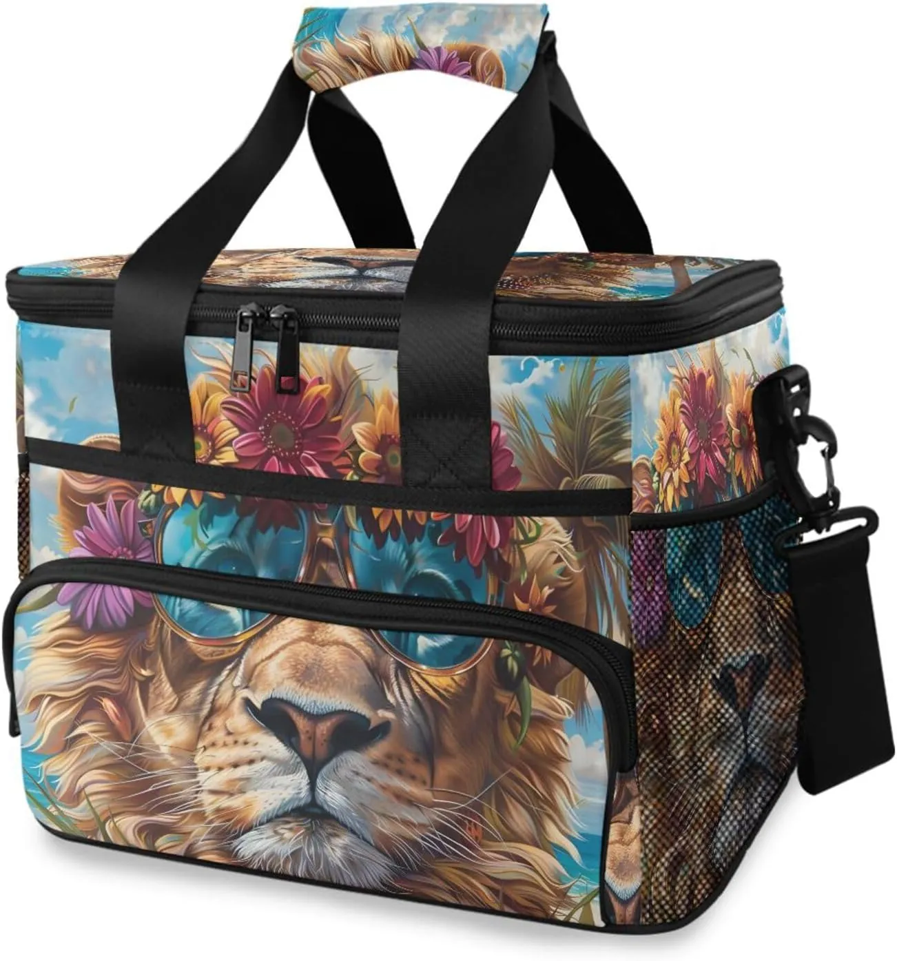 Insulated Cooler Bag 24 Cans Large Capacity Lunch Box-Hippie Lion Print Leak Proof with Shoulder Strap for Camping Picnic