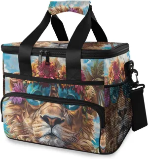 Insulated Cooler Bag 24 Cans Large Capacity Lunch Box-Hippie Lion Print Leak Proof with Shoulder Strap for Camping Picnic