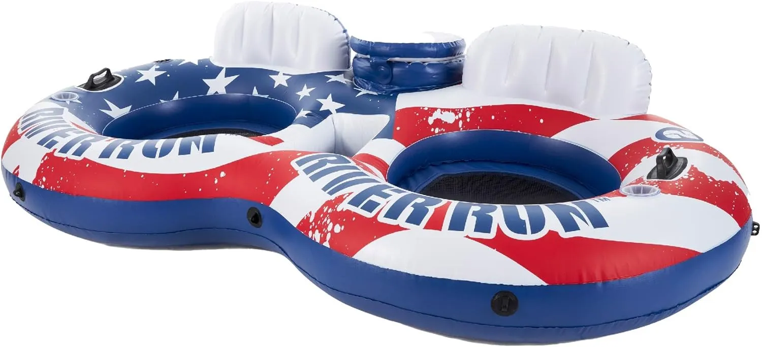 Intex 56855VM River Run Inflatable American Flag 2 Person Water Lounge Pool Tube Float with Built in Cooler, Cup Holders, and Patch Repair Kit