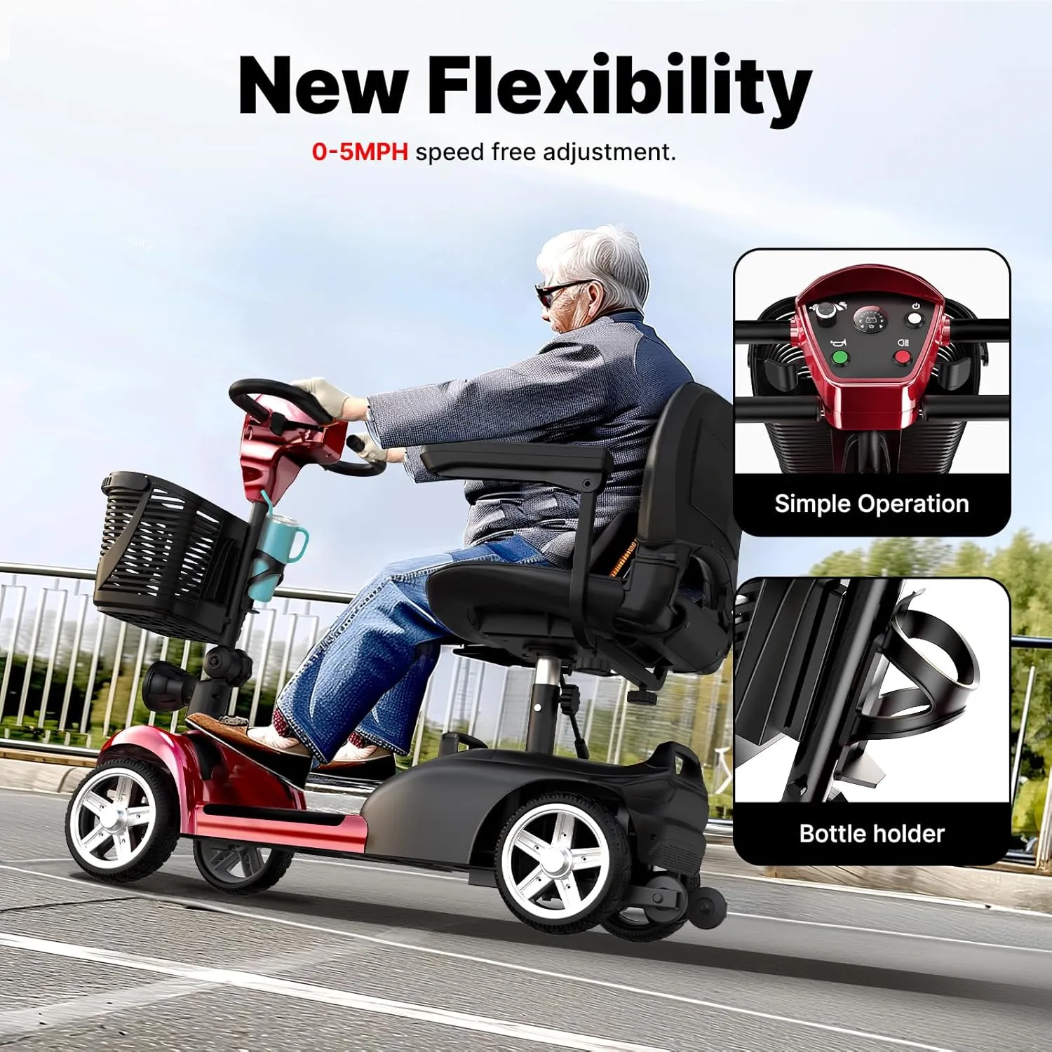 iScooter X-02 Mobility Scooter, 12-24 Miles Electric Wheelchair Device, 4 Wheel Foldable Mobility Scooter for Adults, with LED Headlight, Basket, Cup Holder, Reversing Bell, Lightweight and Convenient