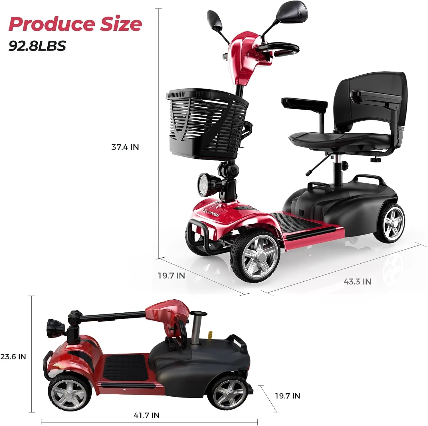 iScooter X-02 Mobility Scooter, 12-24 Miles Electric Wheelchair Device, 4 Wheel Foldable Mobility Scooter for Adults, with LED Headlight, Basket, Cup Holder, Reversing Bell, Lightweight and Convenient