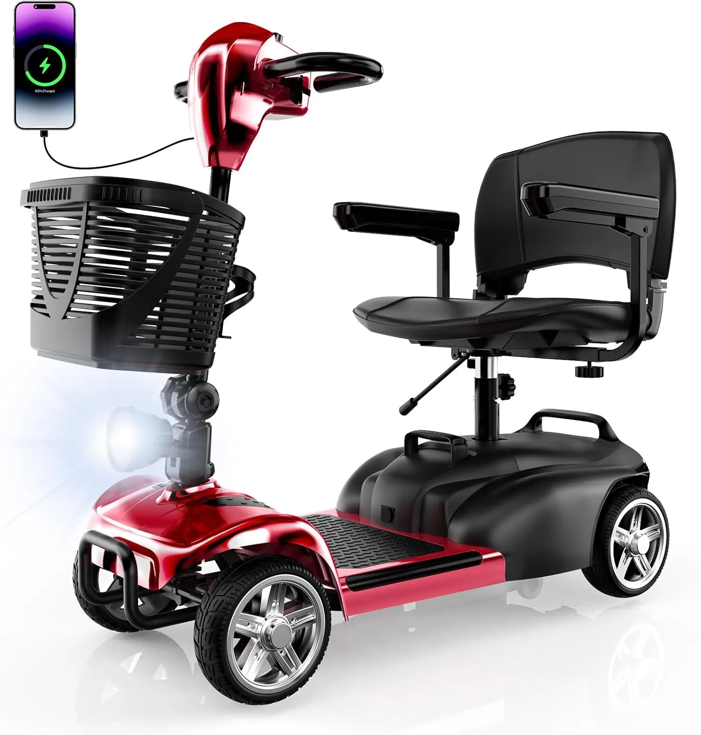 iScooter X-02 Mobility Scooter, 12-24 Miles Electric Wheelchair Device, 4 Wheel Foldable Mobility Scooter for Adults, with LED Headlight, Basket, Cup Holder, Reversing Bell, Lightweight and Convenient