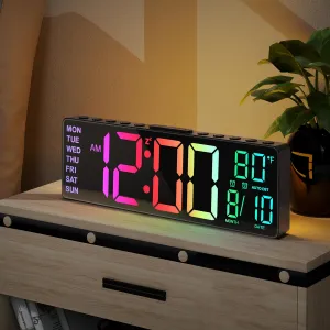 JALL 10.5'' Digital Large Alarm Clock Timer with All in 1 RGB Colors, Date, Month, Temperature LED Display, Auto DST, Modern Decor for Desk, Wall, Classroom, Bedroom, Gift, Yougster and Elderly