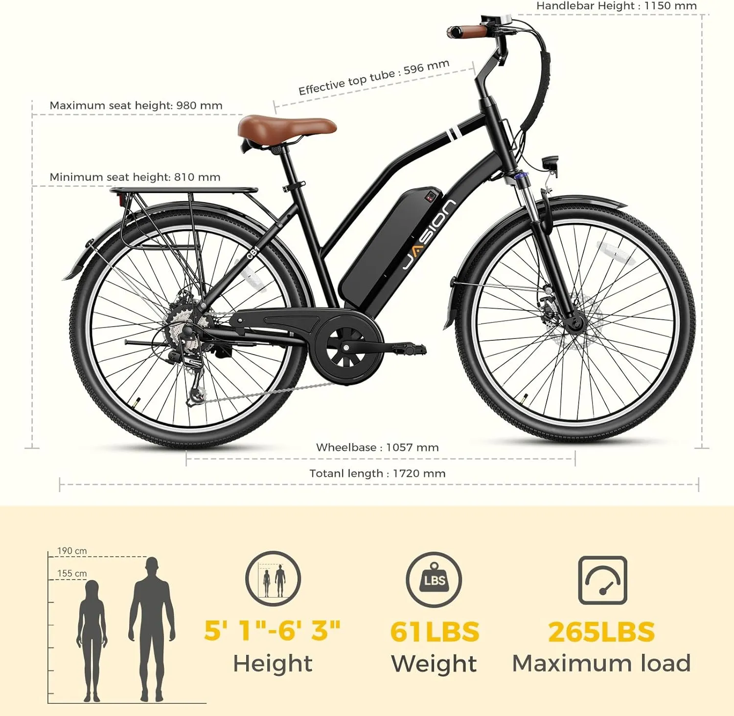 Jasion CB1 Electric Bike for Adults, 1000W Motor Peak Ebike, 450Wh Removeable Battery, 26'' City Cruiser Bicycle, 22 MPH Commuter Women Ebike, 7-Speed Gear