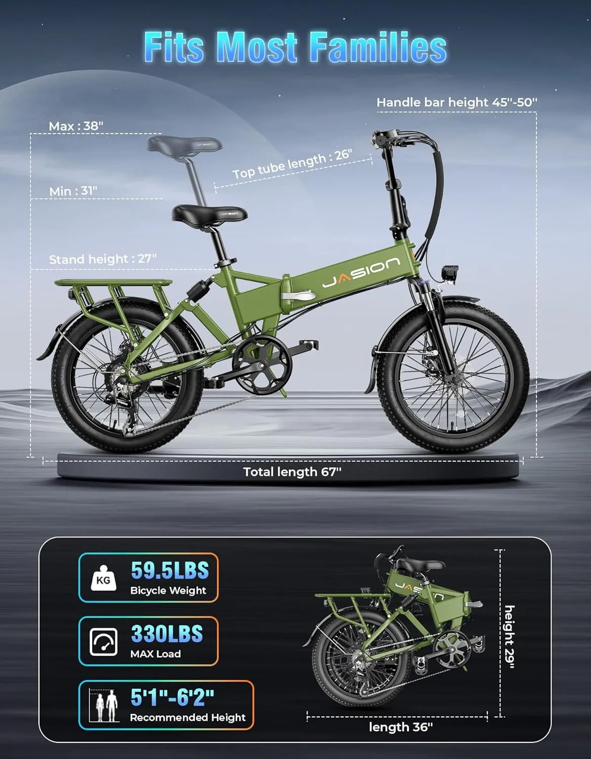 Jasion EB7 2.0 Electric Bike for Adults, 1200W Peak Motor 28MPH Max Speed Folding Ebike, 48V 10AH Removable Battery, 20" Fat Tire with Dual Suspension, 7-Speed Electric Bicycles, UL Certifiled
