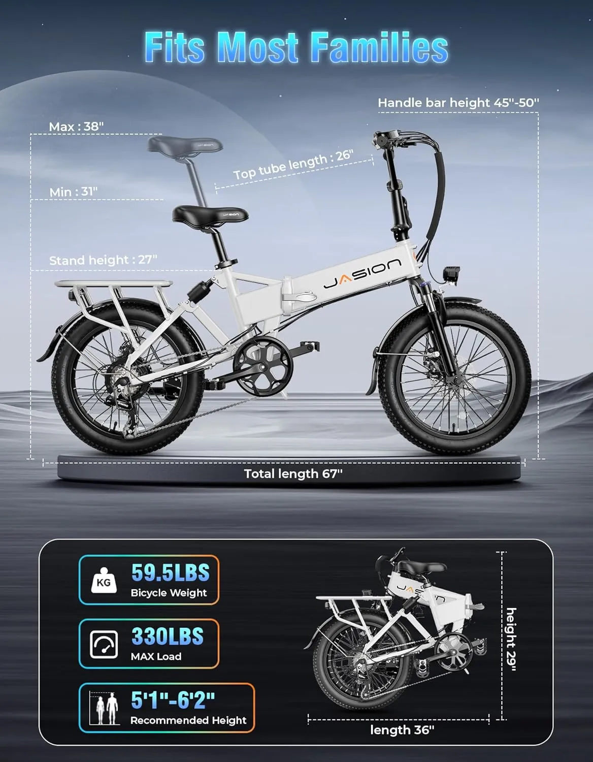 Jasion EB7 2.0 Electric Bike for Adults, 1200W Peak Motor 28MPH Max Speed Folding Ebike, 48V 10AH Removable Battery, 20" Fat Tire with Dual Suspension, 7-Speed Electric Bicycles, UL Certifiled