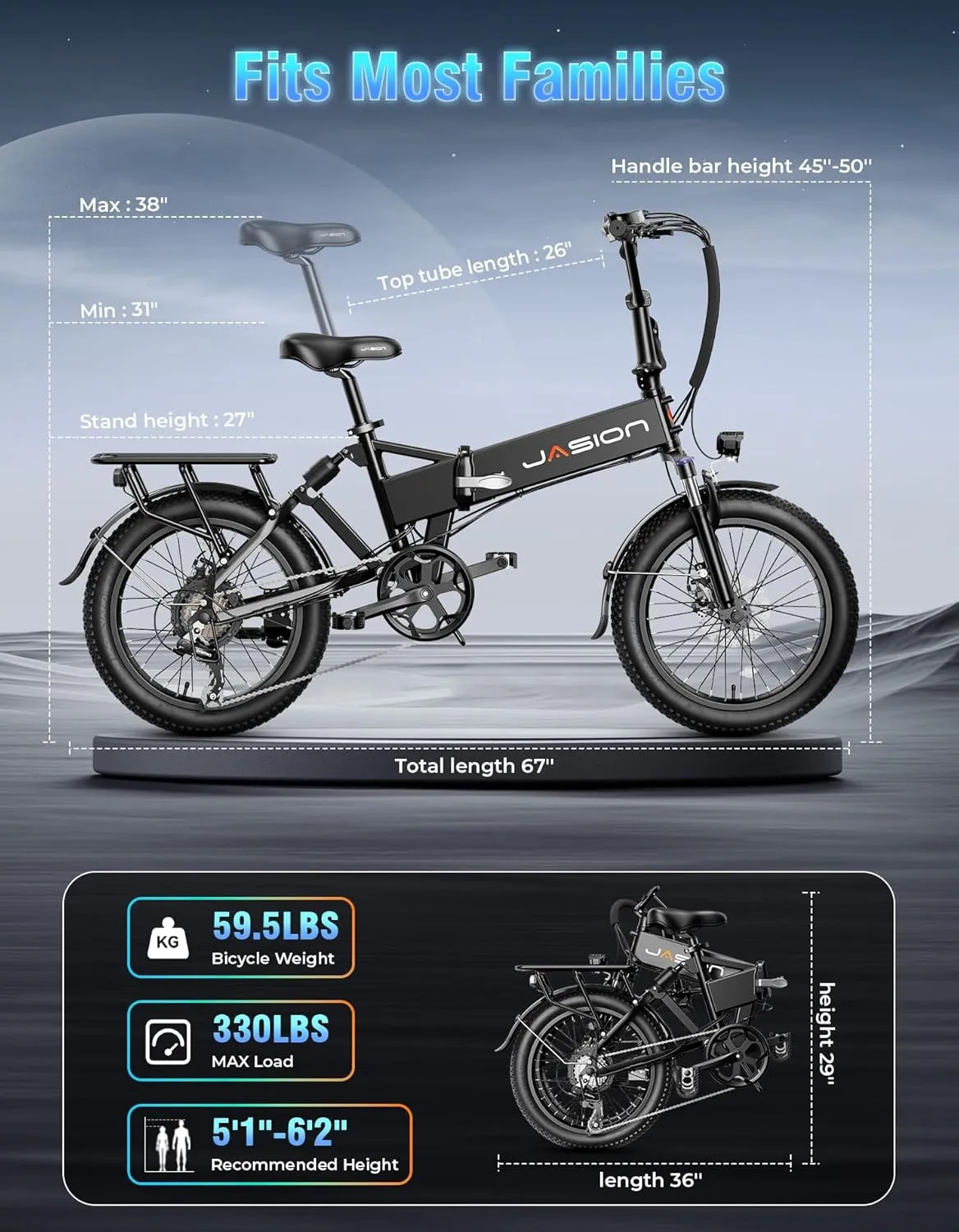 Jasion EB7 ST Electric Bike for Adults with 1200W Motor Peak, 480Wh Removable Battery 28MPH Max Speed & 55 Miles Range (PAS) [20" Fat Tire All-Terrain] Folding Step-Thru Ebike with Front Suspension,BW