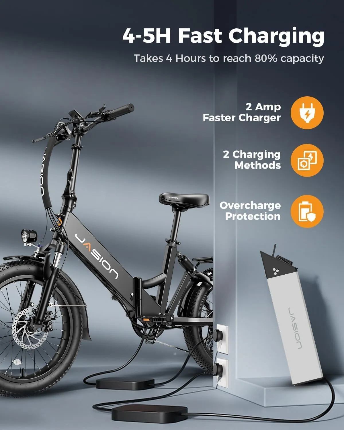 Jasion EB7 ST Electric Bike for Adults with 1200W Motor Peak, 480Wh Removable Battery 28MPH Max Speed & 55 Miles Range (PAS) [20" Fat Tire All-Terrain] Folding Step-Thru Ebike with Front Suspension,BW