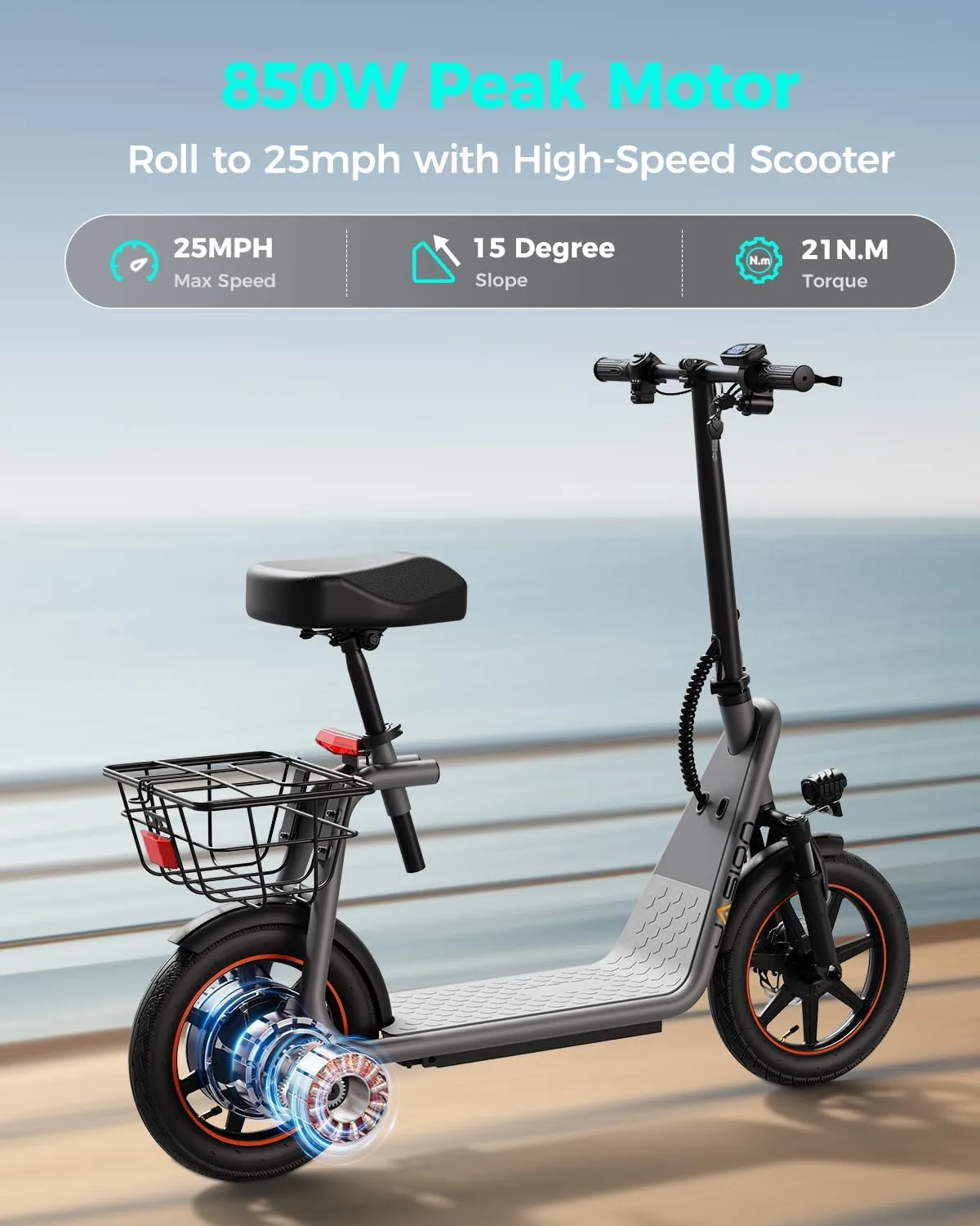 Jasion JS3/PRO Electric Scooter with Seat, 650/850W Peak Motor, 20/25Miles Ranges Scooters for Adults, 20/25MPH Max Speed, Foldable E-Scooter for Pets & Cargo, Dual Disc Brakes
