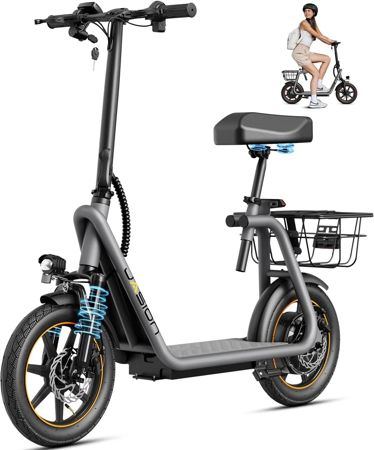Jasion JS3/PRO Electric Scooter with Seat, 650/850W Peak Motor Electric Scooter Adults, 20/25Miles Ranges Sports Scooter for Adults, 20/25MPH Max Speed, Foldable E-Scooter for Pets, Disc Brakes