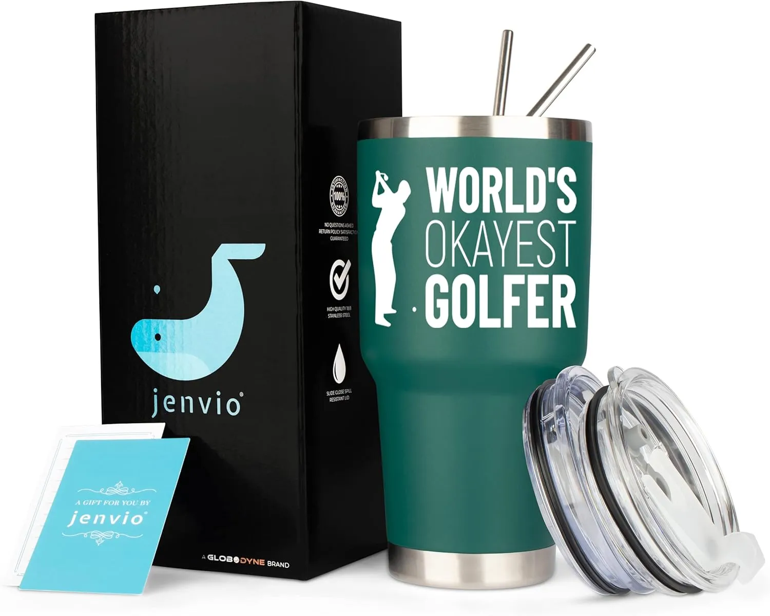JENVIO Golf Gifts For Men | Worlds Okayest Golfer Insulated Stainless Steel Travel Tumbler Mug Including 2 Lids and 2 Straws | Funny Gag Cup Dad Father Husband Retirement Stuff Valentine's Day Gift