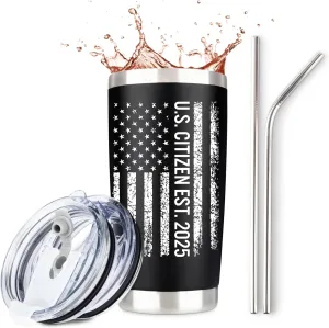 JENVIO New US Citizen Gifts 2025 | 20oz Steel Travel Tumbler for Coffee or Cold Drinks 2 Lids 2 Straws and Gift Box and Card | American Flag Citizenship Congratulations Mug Valentine's