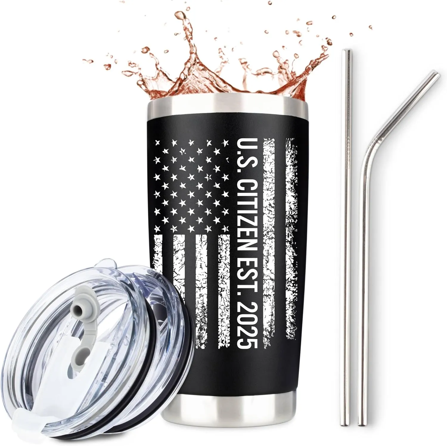 JENVIO New US Citizen Gifts 2025 | 20oz Steel Travel Tumbler for Coffee or Cold Drinks 2 Lids 2 Straws and Gift Box and Card | American Flag Citizenship Congratulations Mug Valentine's