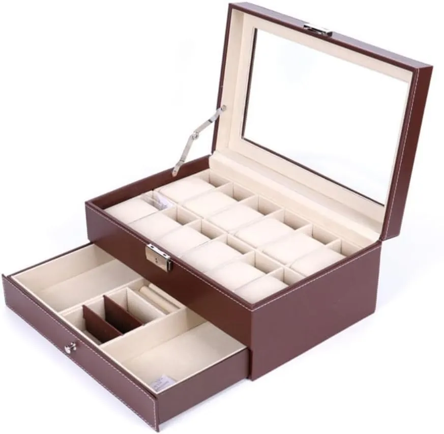 Jewelry Box Double Layer 12-position Watch Jewelry Box Transparent 12-position Watch Box Jewelry Box Jewelry Storage Box jewlery box(Brown)