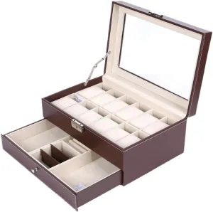 Jewelry Box Double Layer 12-position Watch Jewelry Box Transparent 12-position Watch Box Jewelry Box Jewelry Storage Box jewlery box(Brown)