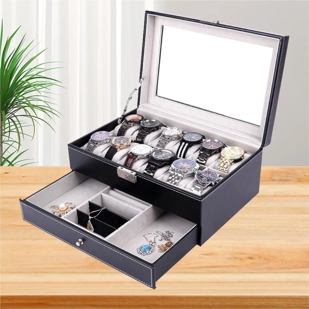 Jewelry Box Double Layer 12-position Watch Jewelry Box Transparent 12-position Watch Box Jewelry Box Jewelry Storage Box jewlery box(Brown)