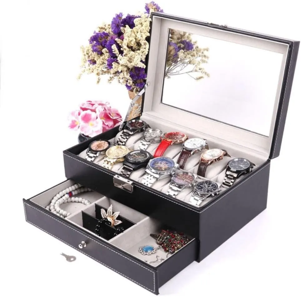 Jewelry Box Double Layer 12-position Watch Jewelry Box Transparent 12-position Watch Box Jewelry Box Jewelry Storage Box jewlery box(Brown)