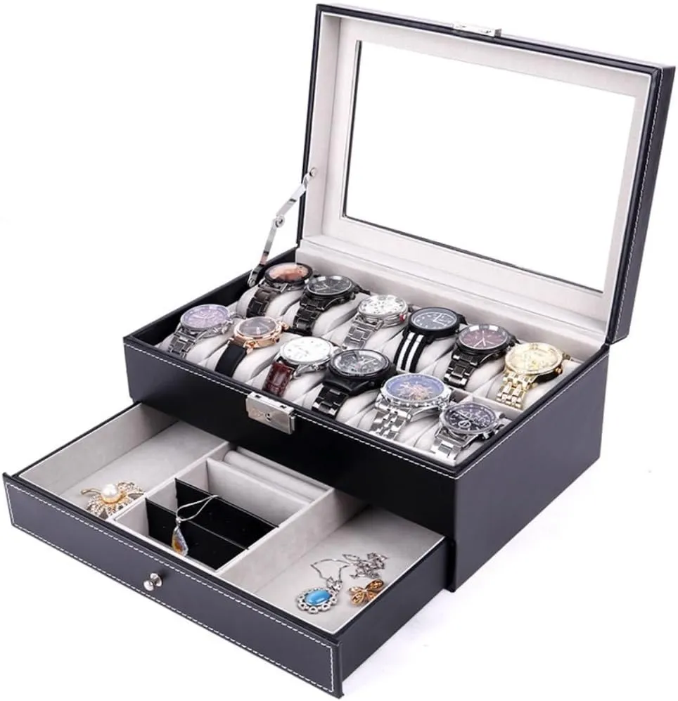 Jewelry Box Double Layer 12-position Watch Jewelry Box Transparent 12-position Watch Box Jewelry Box Jewelry Storage Box jewlery box(Brown)