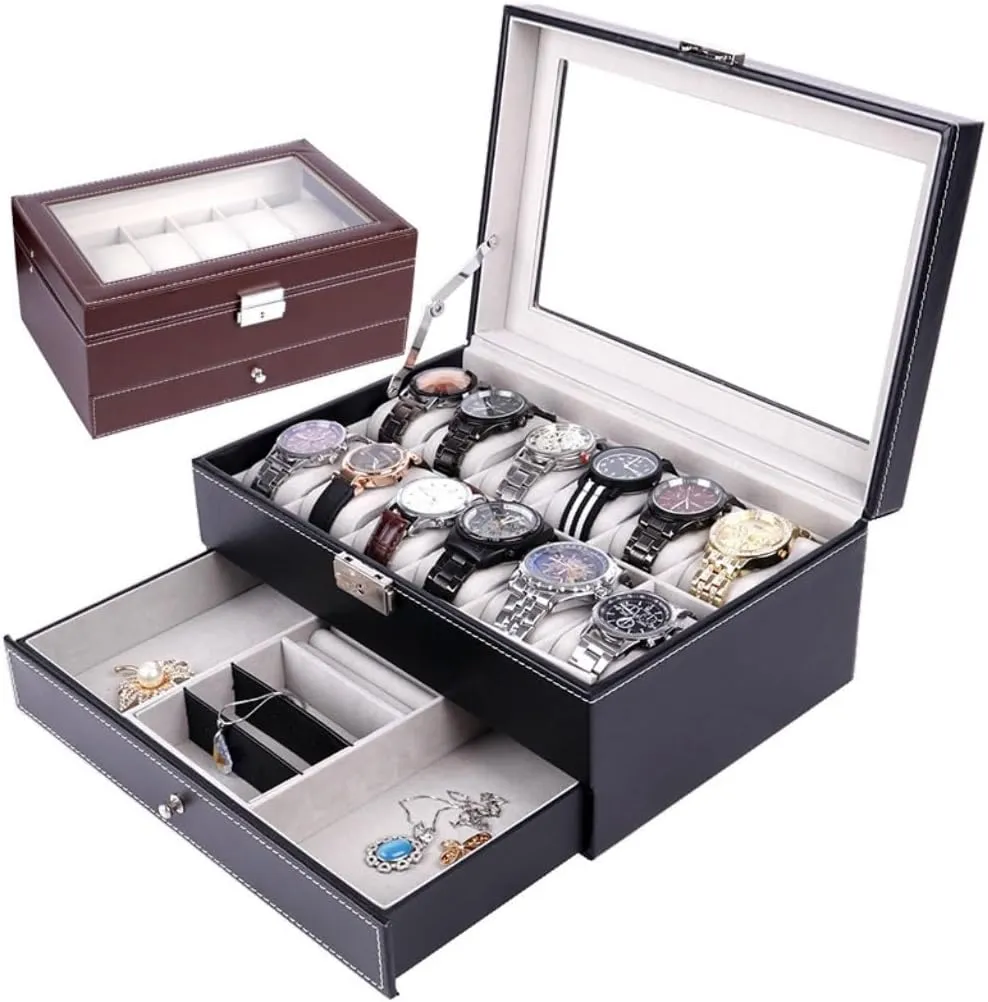 Jewelry Box Double Layer 12-position Watch Jewelry Box Transparent 12-position Watch Box Jewelry Box Jewelry Storage Box jewlery box(Brown)
