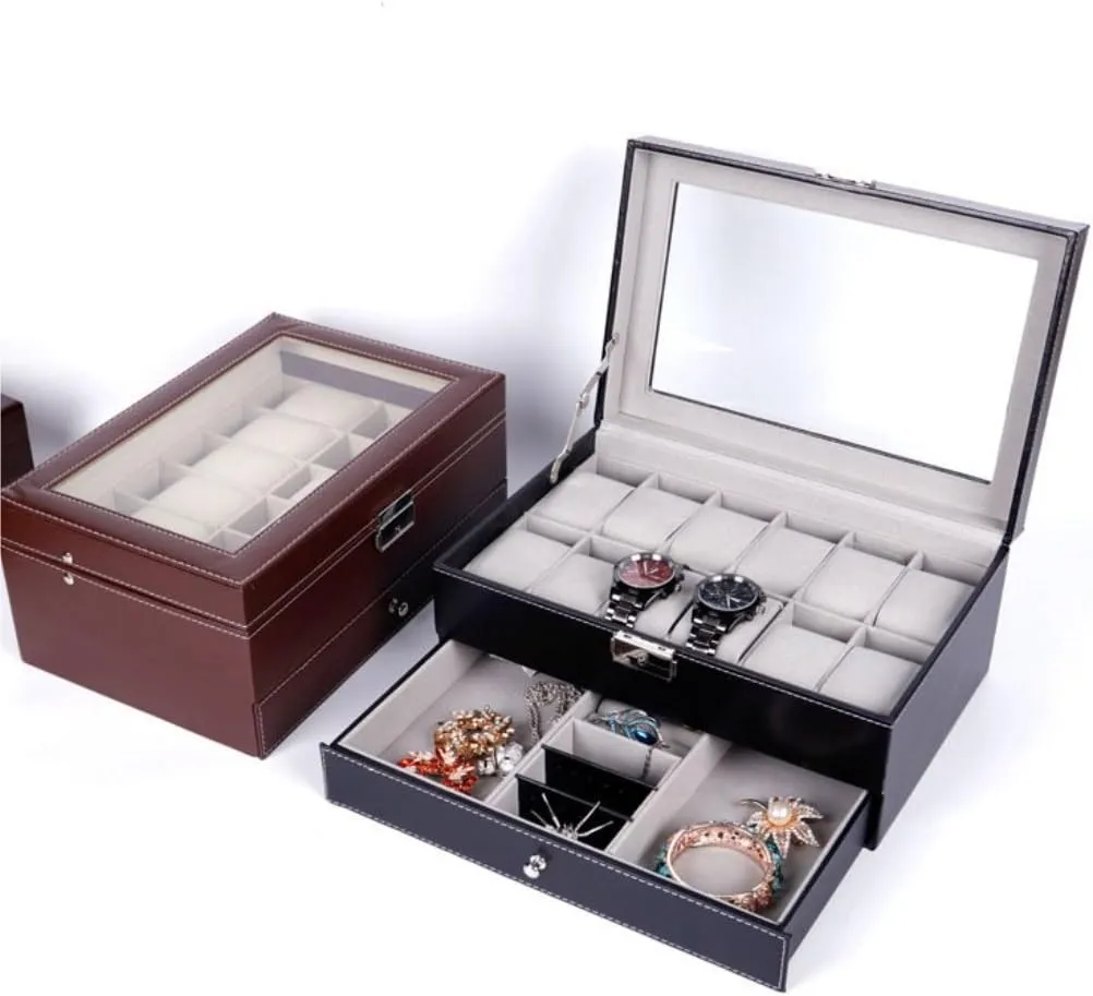 Jewelry Box Double Layer 12-position Watch Jewelry Box Transparent 12-position Watch Box Jewelry Box Jewelry Storage Box jewlery box(Brown)