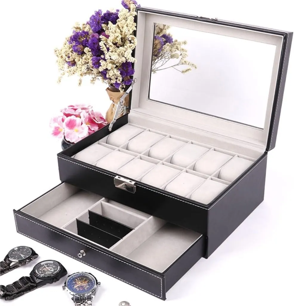 Jewelry Box Double Layer 12-position Watch Jewelry Box Transparent 12-position Watch Box Jewelry Box Jewelry Storage Box jewlery box(Brown)