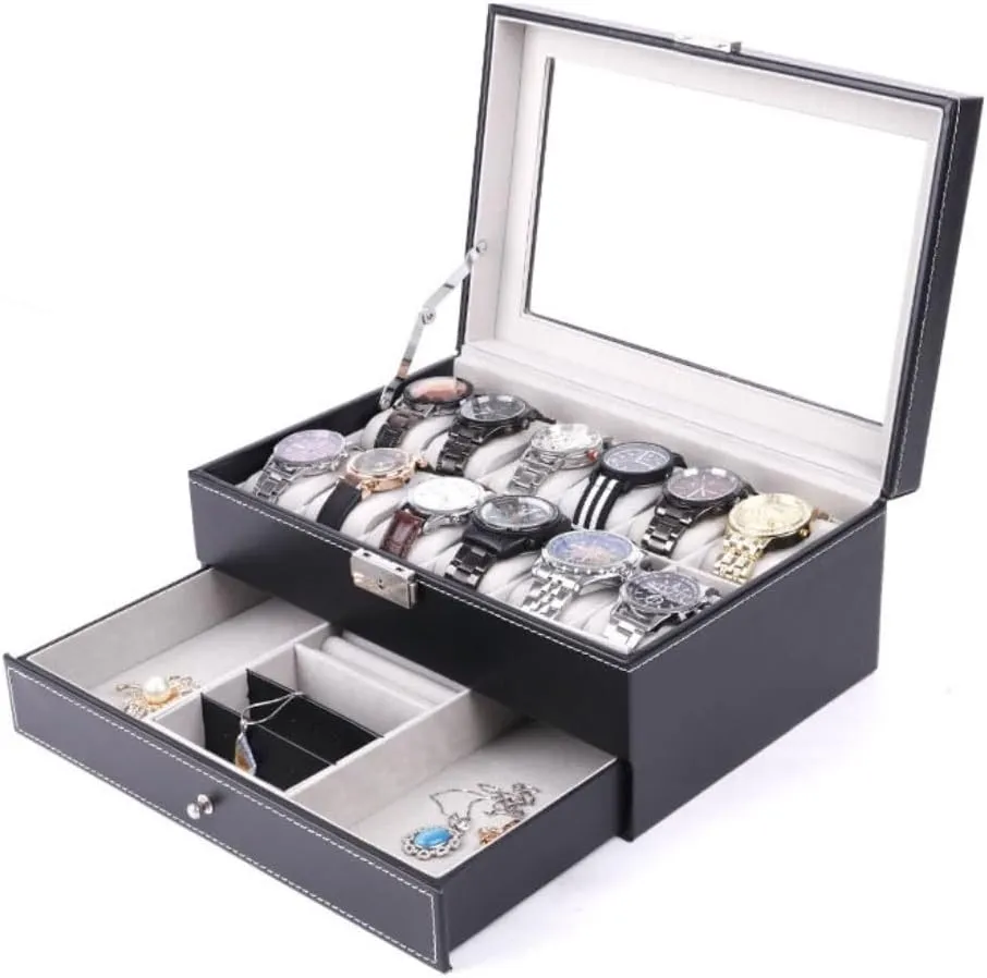 Jewelry Box Double Layer 12-position Watch Jewelry Box Transparent 12-position Watch Box Jewelry Box Jewelry Storage Box jewlery box(Brown)