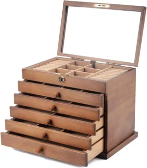 Jewelry Case Solild Wooden Box 6 Layers Case With Mirror Lock Watches Necklace Organizer Portable