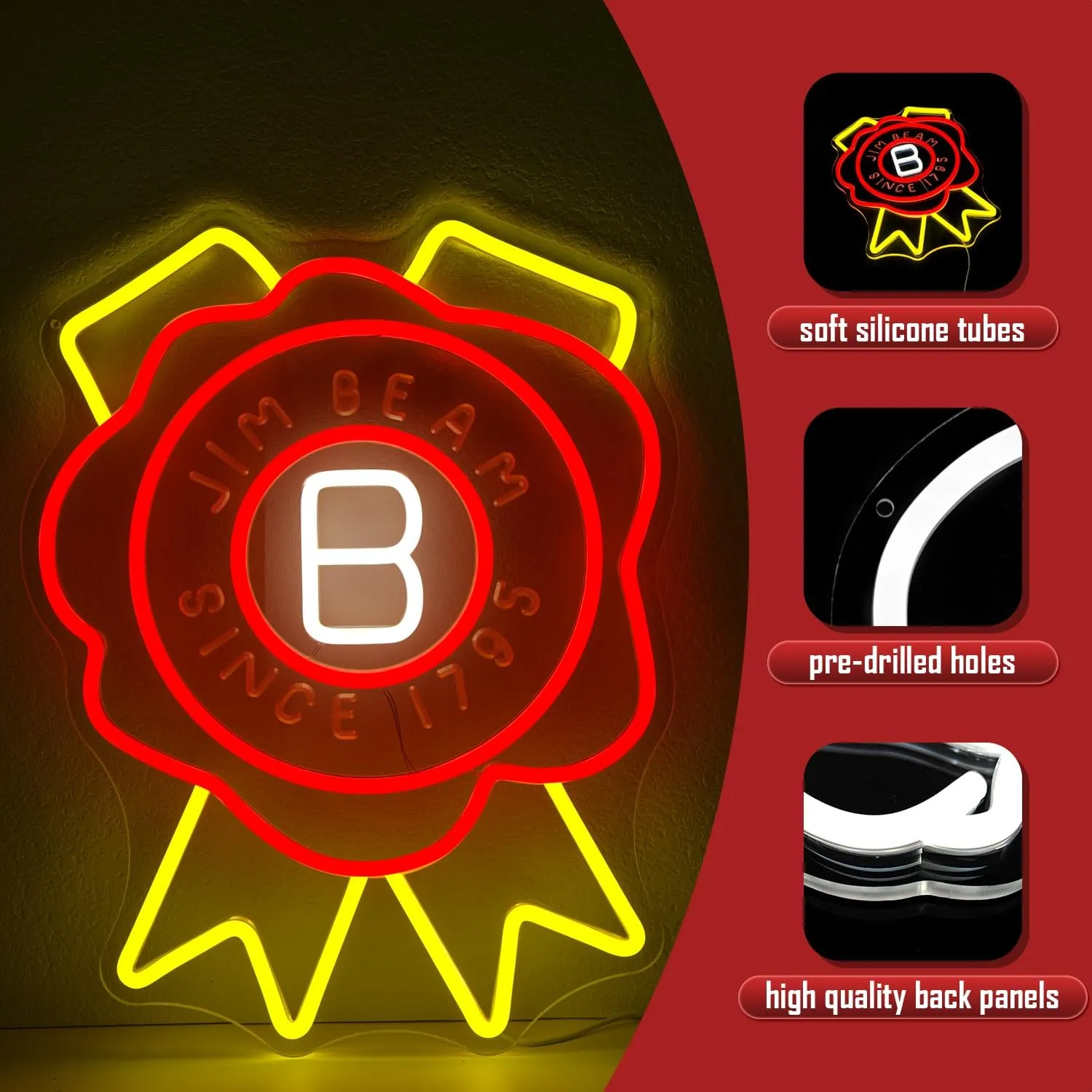 Jim Beam Neon Sign Whiskey Neon Sign for Wall Decor Led Neon Light Bar Neon Sign for Man Cave Neon Bar Signs Dimmable Neon Light Up Sign for Home Bar Pub Club Bedroom Bistro Party Gifts