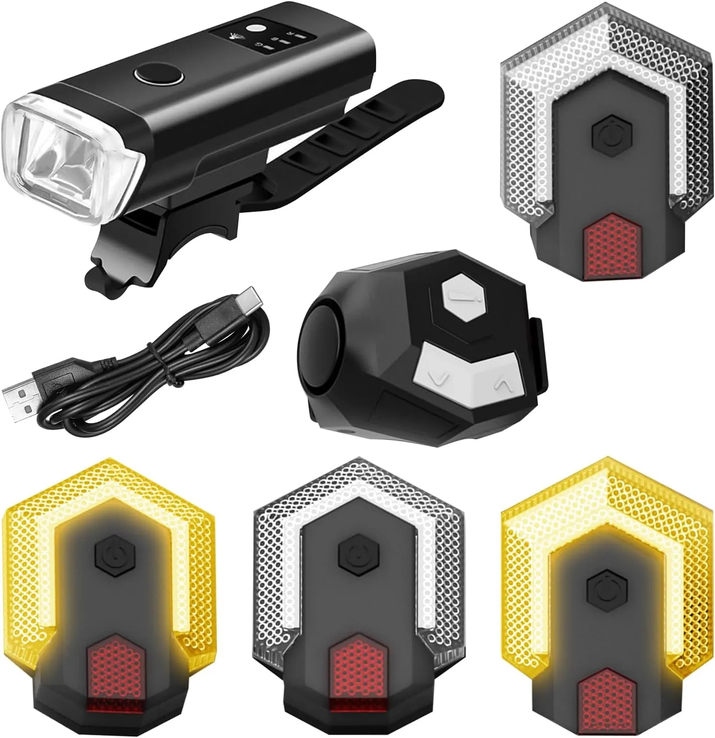 JOJOCY Bike Light Set 4 Bicycles Turn Signals w/Alarm & Headlights Remote Control USB Charging 120 dB Bike Horn Suitable for E-Bikes, Bicycles, Electric Skateboards, Scooter