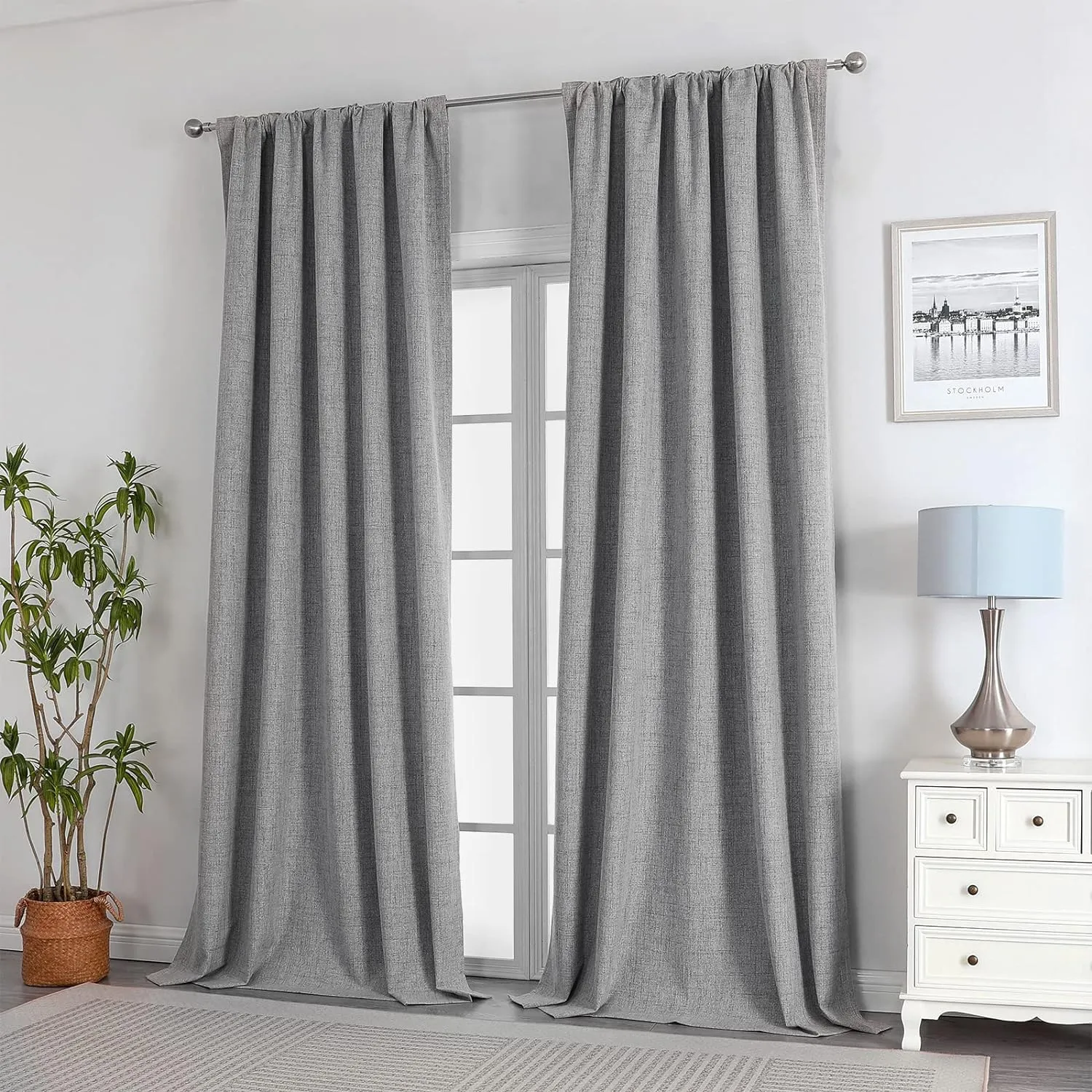 Joydeco Linen Curtains 96 inches Long 100% Blackout Drapes 95 inch Length 2 Panels Set for Bedroom Living Room Black Out Darkening Curtain Thermal Insulated Back tab Rod Pocket(52x96 inch,Light Grey)