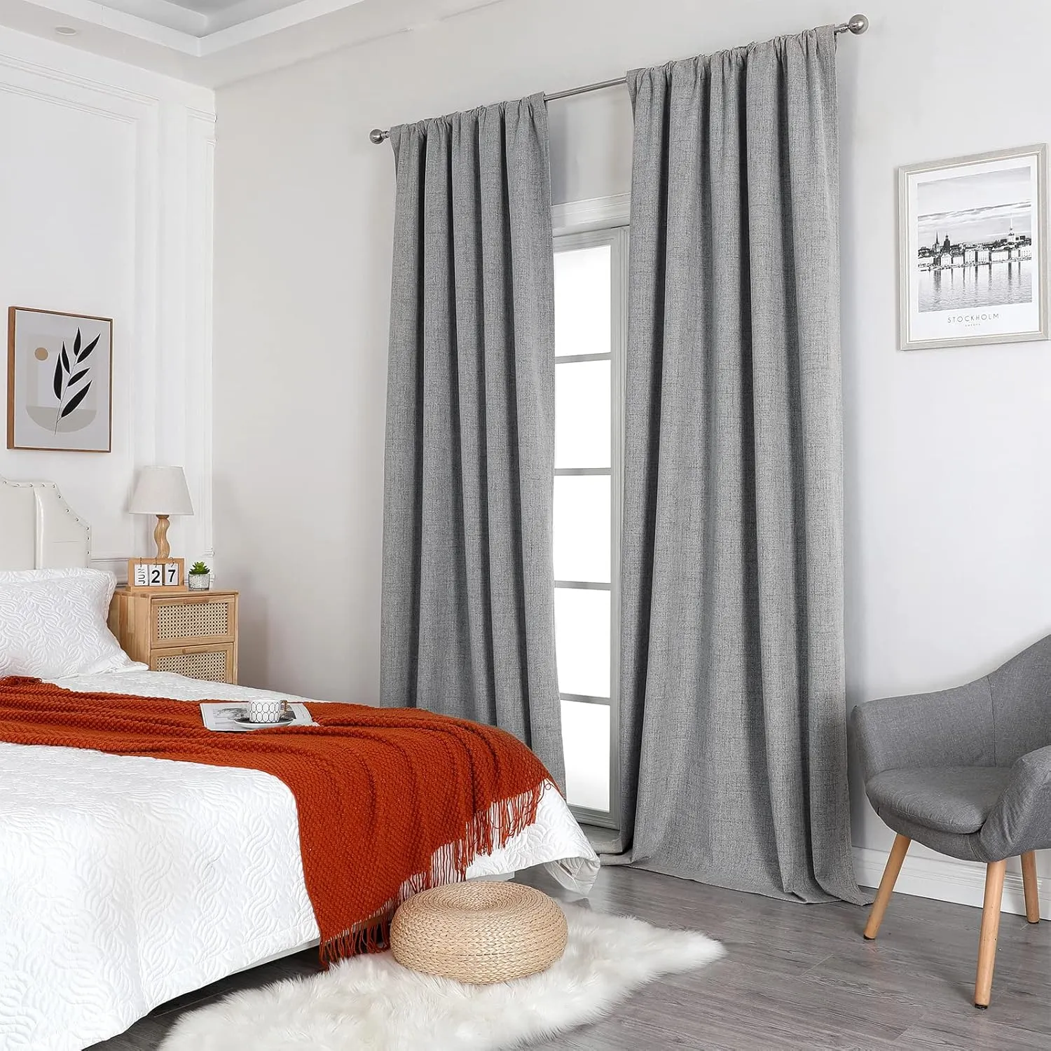 Joydeco Linen Curtains 96 inches Long 100% Blackout Drapes 95 inch Length 2 Panels Set for Bedroom Living Room Black Out Darkening Curtain Thermal Insulated Back tab Rod Pocket(52x96 inch,Light Grey)