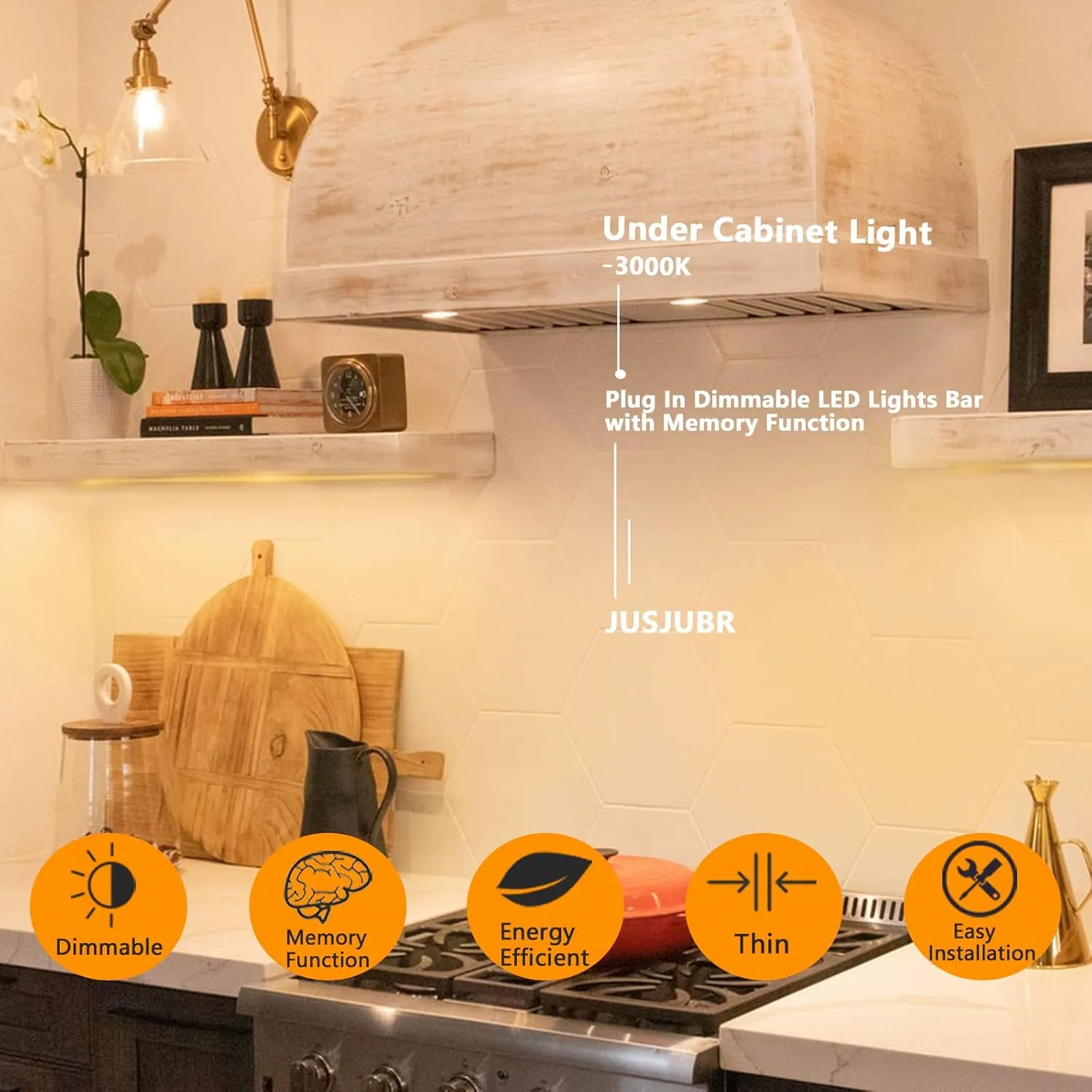JUSJUBR 12-Inch Slim LED Under Cabinet Light with Memory Function, Warm White 3000K Dimmable USB Light Bar for Rooms