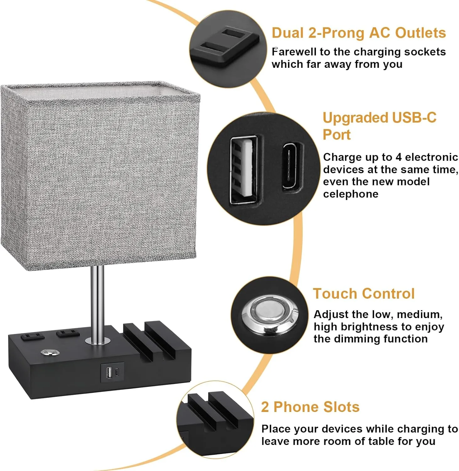 Kakanuo Nightstand Lamp for Bedroom with Dual USB Ports, Grey Touch Control Bedside Table Lamp with Charging Outlets and Phone Stands, 3-Way Dimmable Desk Lamp for Living Room, LED Bulb Included
