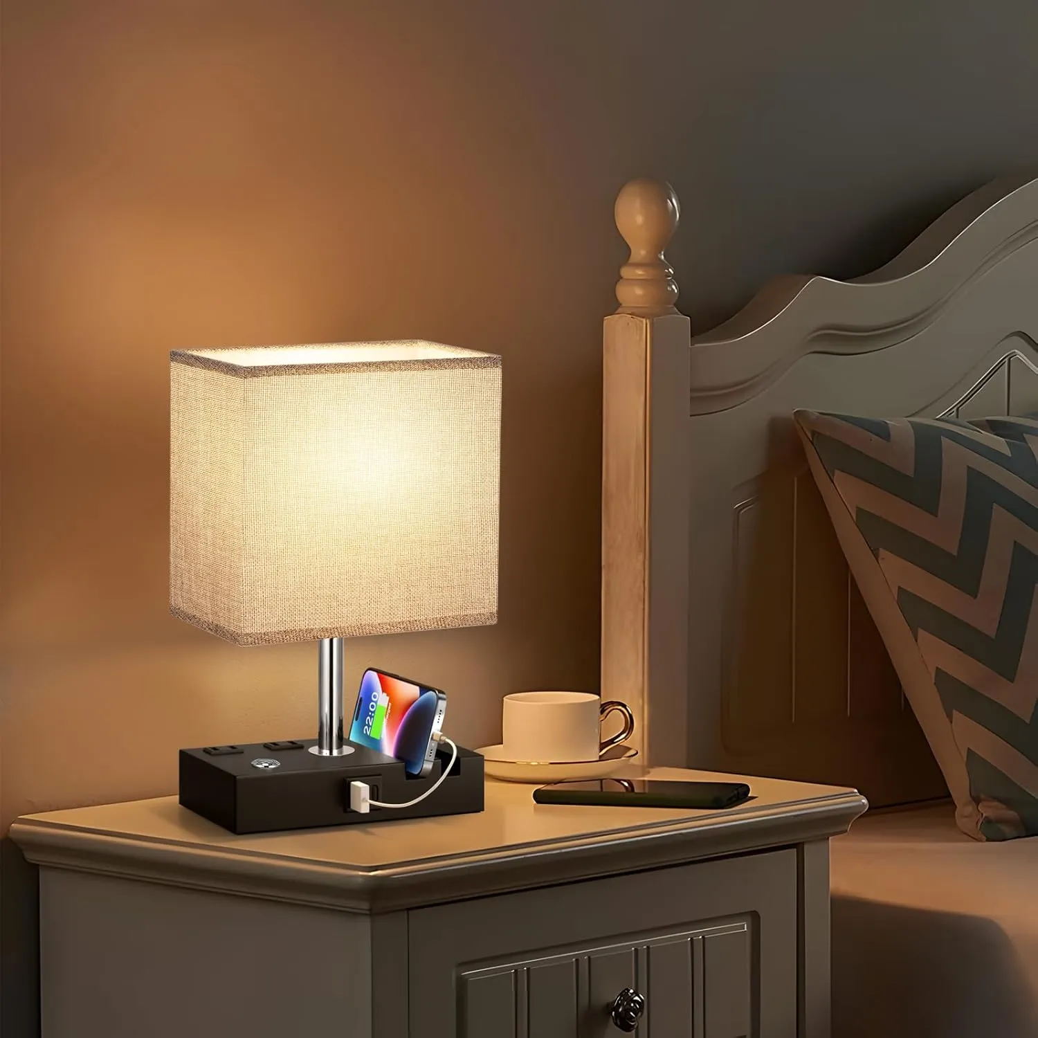 Kakanuo Nightstand Lamp for Bedroom with Dual USB Ports, Grey Touch Control Bedside Table Lamp with Charging Outlets and Phone Stands, 3-Way Dimmable Desk Lamp for Living Room, LED Bulb Included