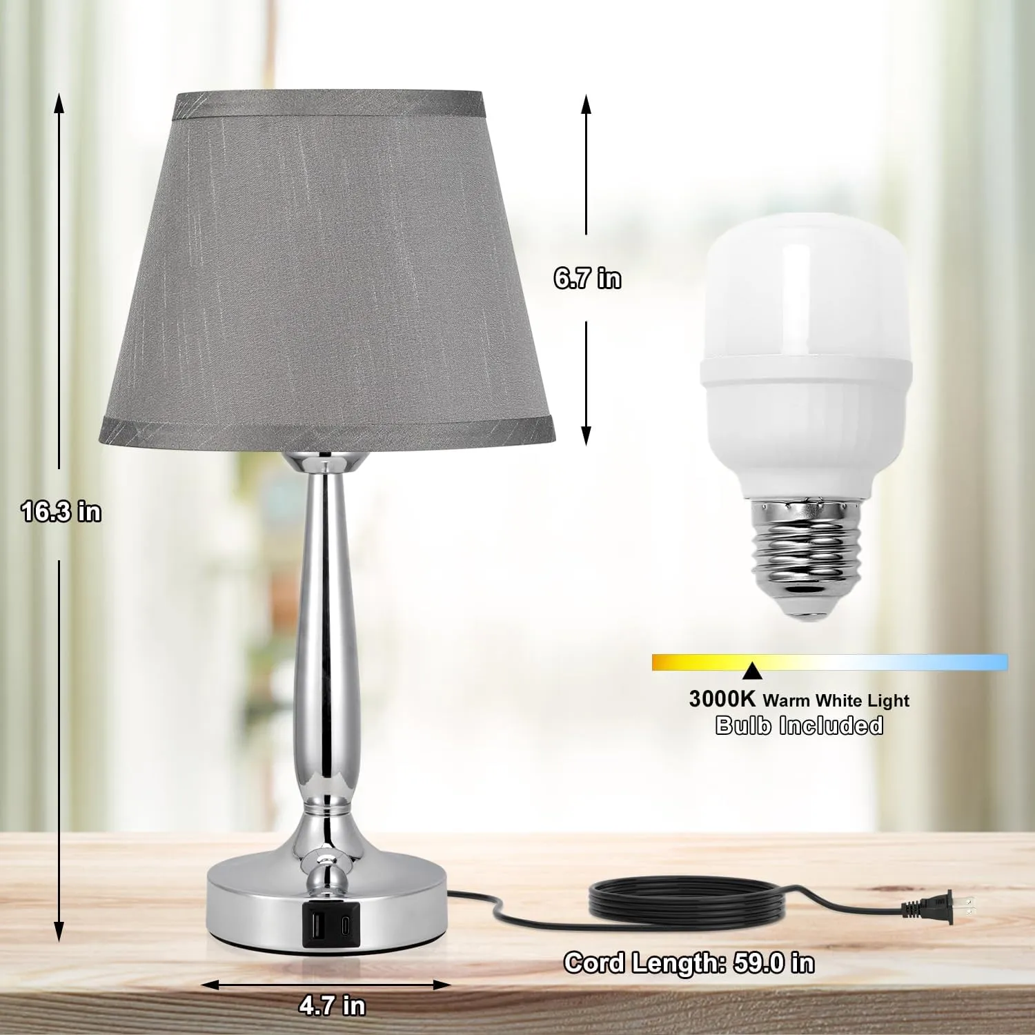 Kakanuo Touch Table Lamp for Bedroom, Small Bedside Lamp with USB C Charging Port, 3 Way Dimmable Touch Control Nightstand Lamp for Living Room and Office, Gray Shade and Silver Base