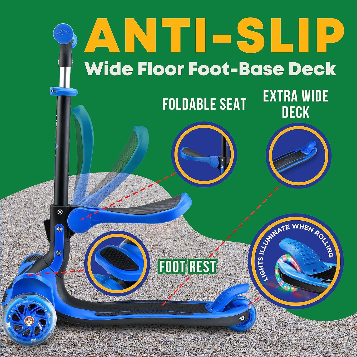 Kids Scooter – Foldable Seat – LED Wheel Lights Illuminate When Rolling – Children and Toddler 3 Wheel Kick Scooter – Adjustable Handlebar – Indoor and Outdoor- by Lifemaster