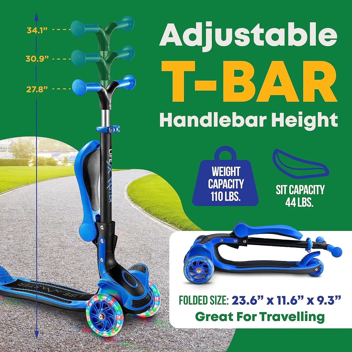 Kids Scooter – Foldable Seat – LED Wheel Lights Illuminate When Rolling – Children and Toddler 3 Wheel Kick Scooter – Adjustable Handlebar – Indoor and Outdoor- by Lifemaster