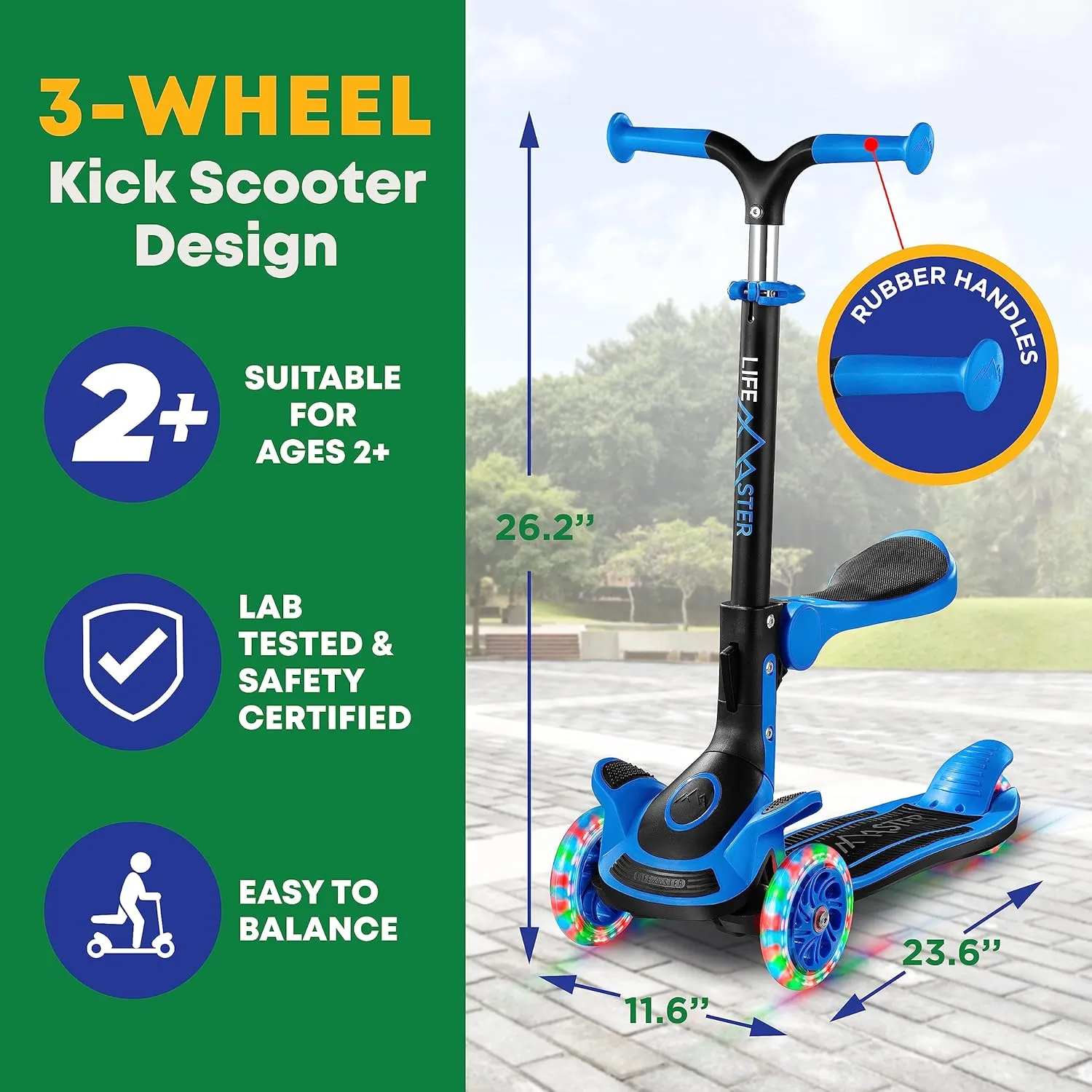 Kids Scooter – Foldable Seat – LED Wheel Lights Illuminate When Rolling – Children and Toddler 3 Wheel Kick Scooter – Adjustable Handlebar – Indoor and Outdoor- by Lifemaster