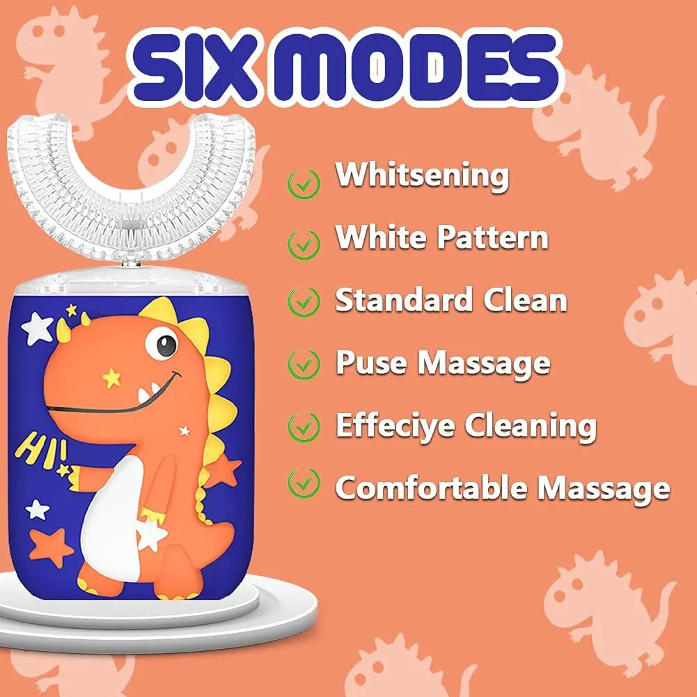 Kids Toothbrush Electric, U Shaped Ultrasonic Automatic Toothbrush with 2 Brush Heads, Six Cleaning Modes, Cartoon Modeling Design for Kids, Special for Birthday Gift (Orange, Kids 2-7)