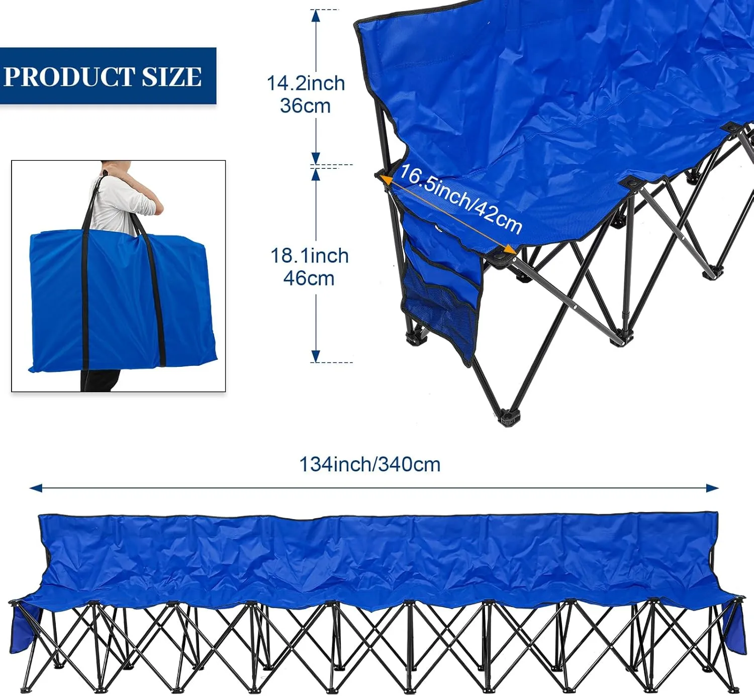 Kigley 9 Seater Folding Soccer Bench Chair Portable Team Sports Sideline Bench for Football Camp Travel Events Outdoor Seating with Storage Bag