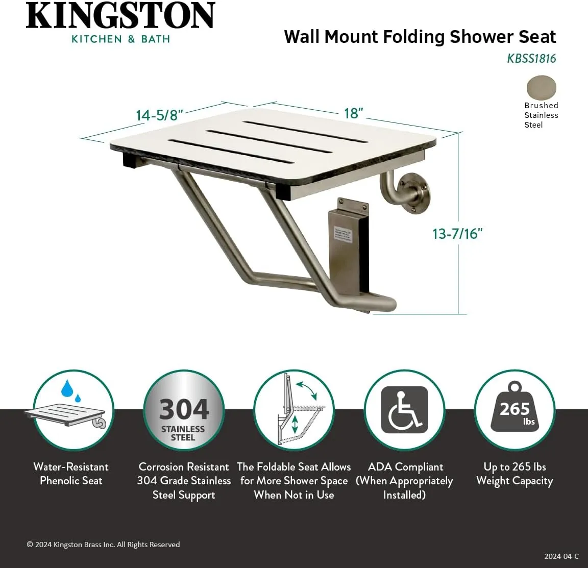 Kingston Brass KBSS1816 Adascape-Shower-Seat, Brushed Stainless Steel