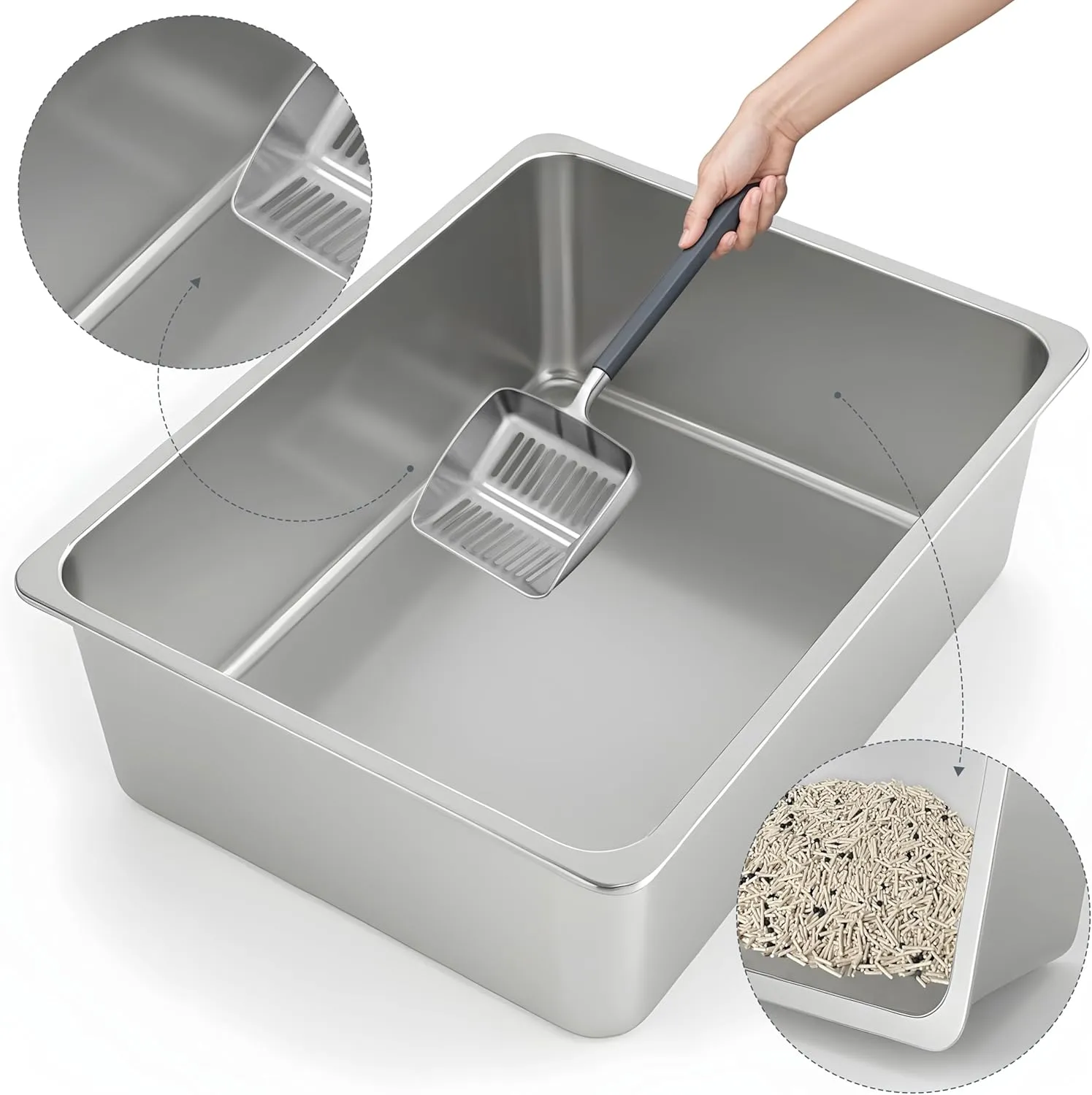 Kirecoo Stainless Steel Cat Litter Box XXL- Metal High Sided Cat Pan, Large Stainless Steel Box, Indoor Litter Tray, Non Stick, No Smell, Easy to Clean, Pet Toilet Supplies for Kitten, Kitty, Rabbit