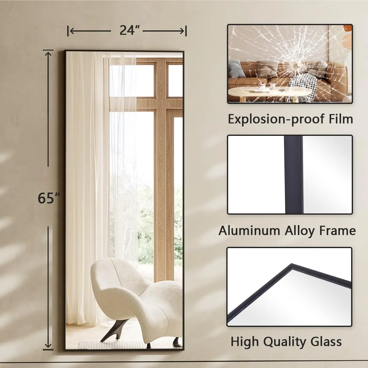 Koonmi Large Mirrors, 65"x24" Full Length Mirror with Stand, Full Body Mirror with Aluminum Alloy Frame, Hanging or Leaning Against Wall Floor Standing Mirrors for Bedroom Living Room, Black