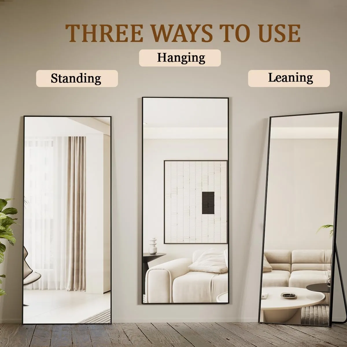 Koonmi Large Mirrors, 65"x24" Full Length Mirror with Stand, Full Body Mirror with Aluminum Alloy Frame, Hanging or Leaning Against Wall Floor Standing Mirrors for Bedroom Living Room, Black