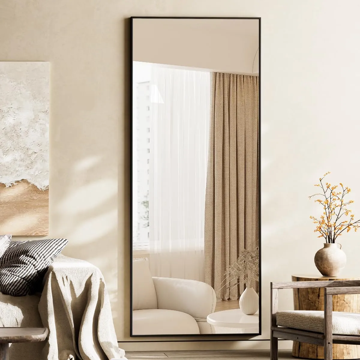 Koonmi Large Mirrors, 65"x24" Full Length Mirror with Stand, Full Body Mirror with Aluminum Alloy Frame, Hanging or Leaning Against Wall Floor Standing Mirrors for Bedroom Living Room, Black