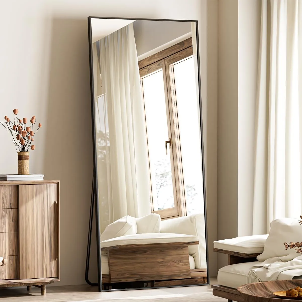 Koonmi Large Mirrors, 65"x24" Full Length Mirror with Stand, Full Body Mirror with Aluminum Alloy Frame, Hanging or Leaning Against Wall Floor Standing Mirrors for Bedroom Living Room, Black