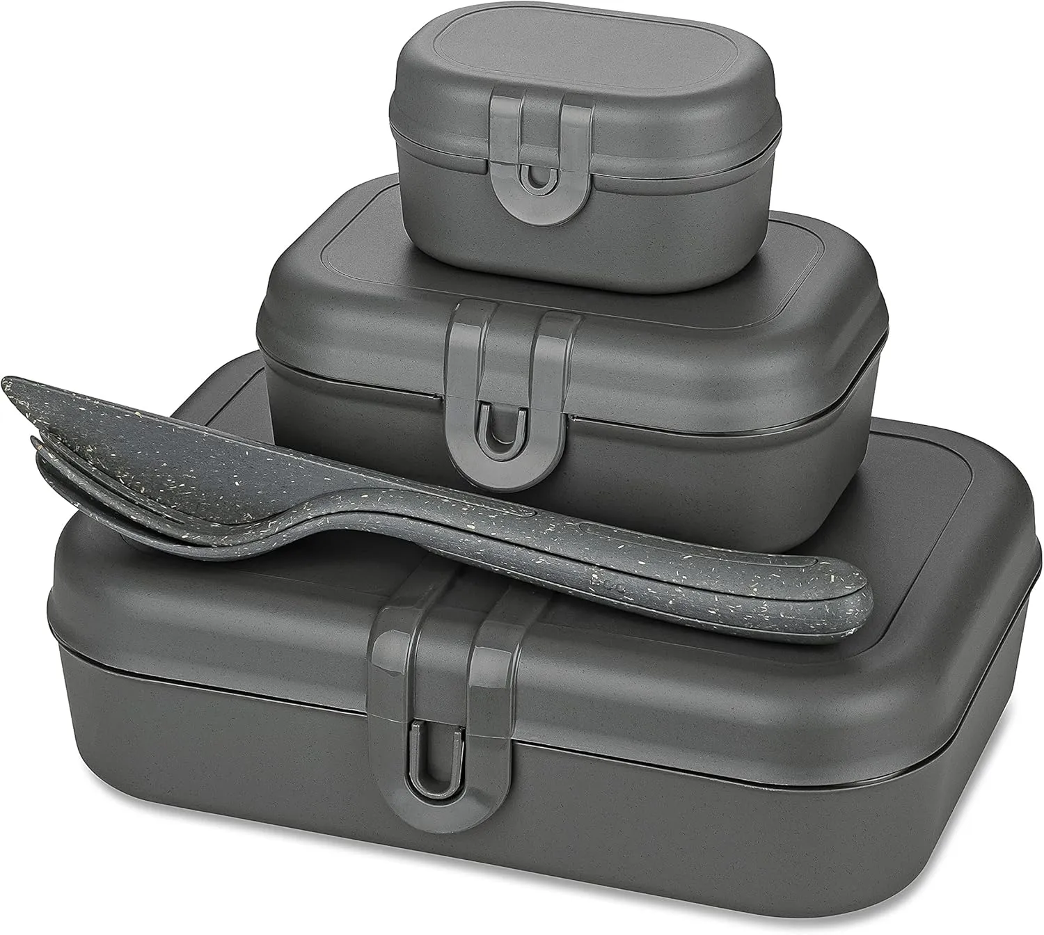 Koziol 7168701 Nature Ash Grey 4-Piece Plastic Lunchbox Set with Knife, Fork, Spoon, and Clasp, Ideal for On-the-Go Eating