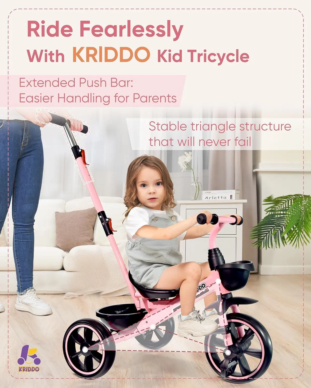 KRIDDO 2-in-1 Toddler Tricycle for Ages 18 Months to 5 Years Old - Extended Push Handle for Effortless Push, Gift Trike for Toddler 3 to 5 Year, Kids Tricycle with Foldable Front Footrest, Pink